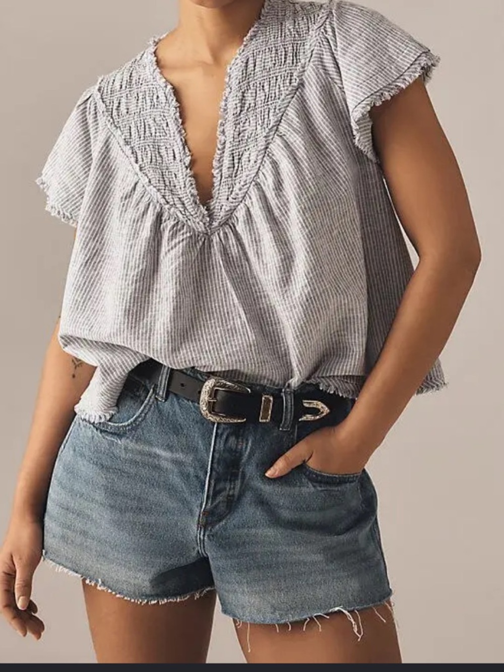 Anthropologie Light Gray Striped Smocked V-Neck Flutter Sleeve Top